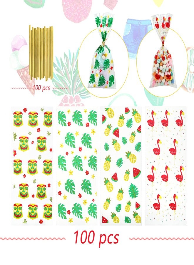 Kesote 100 Pieces Hawaiian Tropical Cellophane Treat Bags, Clear Pineapple Flamingo Goodie Candy Snack Bags Bulk with Twist Ties for Hawaiian Tropical Luau Summer Tiki Bar Party Favor Supplies - Image 3