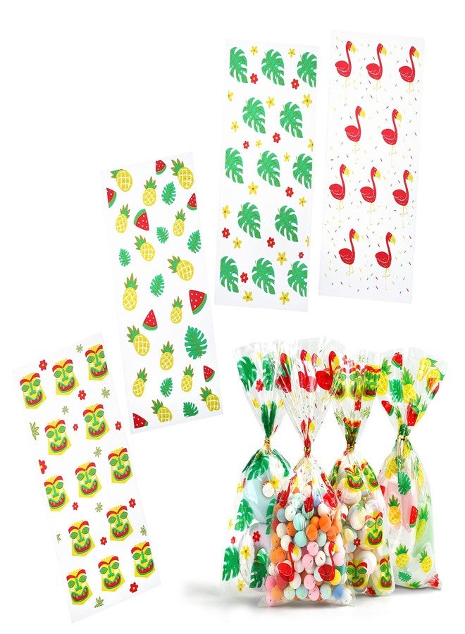 Kesote 100 Pieces Hawaiian Tropical Cellophane Treat Bags, Clear Pineapple Flamingo Goodie Candy Snack Bags Bulk with Twist Ties for Hawaiian Tropical Luau Summer Tiki Bar Party Favor Supplies - Image 1