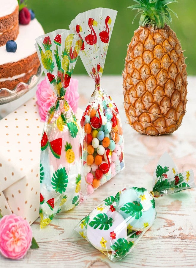 Kesote 100 Pieces Hawaiian Tropical Cellophane Treat Bags, Clear Pineapple Flamingo Goodie Candy Snack Bags Bulk with Twist Ties for Hawaiian Tropical Luau Summer Tiki Bar Party Favor Supplies - Image 5