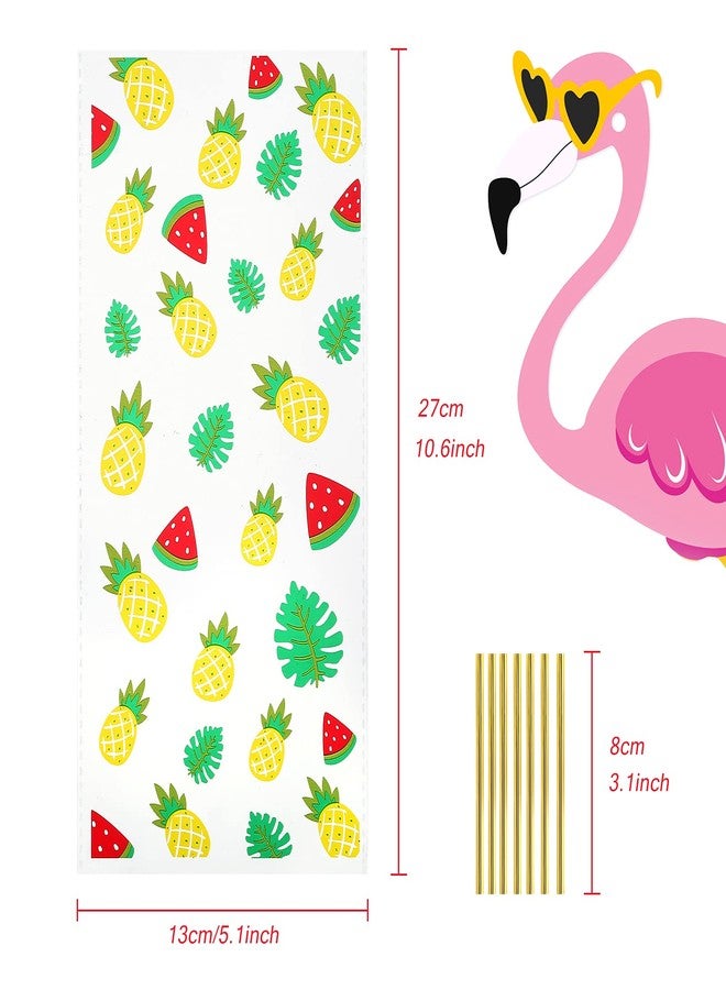 Kesote 100 Pieces Hawaiian Tropical Cellophane Treat Bags, Clear Pineapple Flamingo Goodie Candy Snack Bags Bulk with Twist Ties for Hawaiian Tropical Luau Summer Tiki Bar Party Favor Supplies - Image 2