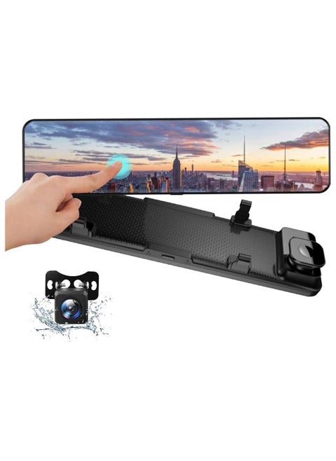 Mirror Dash Cam 12 INCH, Backup Camera for Cars, 1296P Dual Lens Smart Rear View