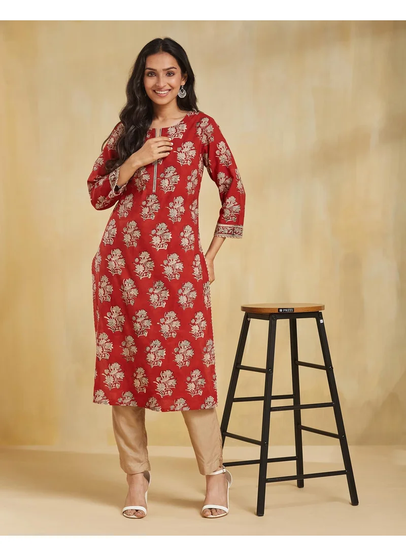 فاب انديا Maroon Cotton Printed Long Kurta