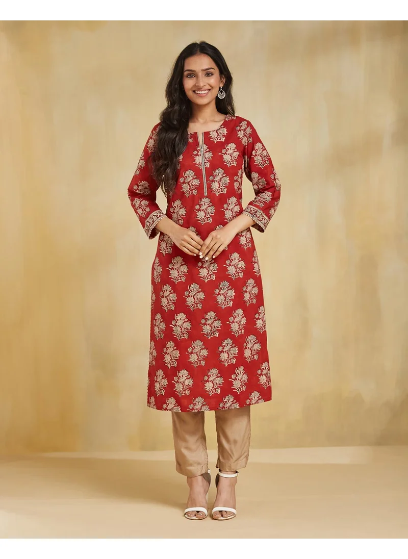 فاب انديا Maroon Cotton Printed Long Kurta