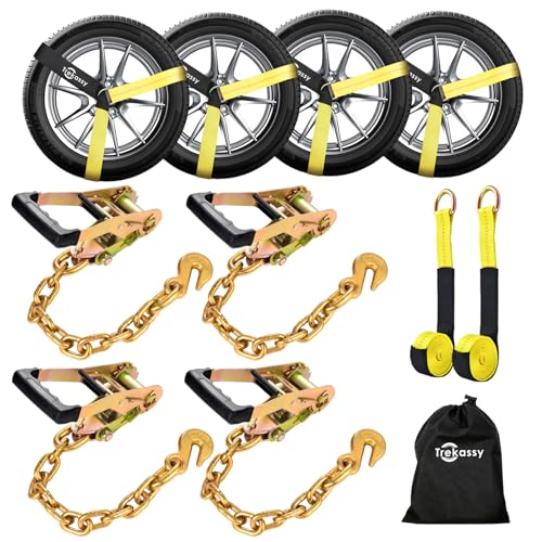 Trekassy Car Tie Down Straps for Trailers with Heavy Duty Chain Anchors, 2" x 96" Tire Straps with Ratchet and 2 Replacement Tire Straps, 3,333lbs Safe Working Load - Image 1