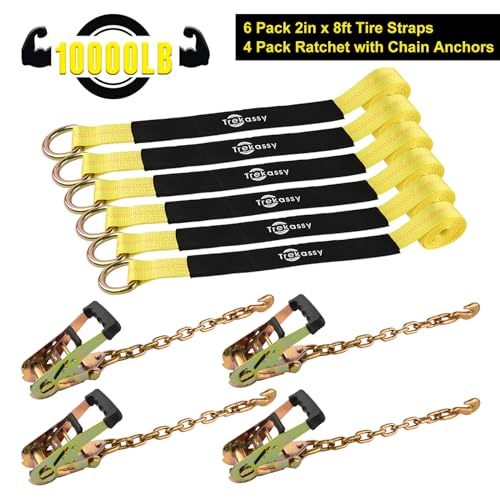 Trekassy Car Tie Down Straps for Trailers with Heavy Duty Chain Anchors, 2" x 96" Tire Straps with Ratchet and 2 Replacement Tire Straps, 3,333lbs Safe Working Load - Image 2