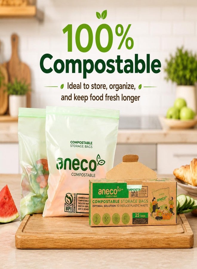 ANECO 100% Compostable Food Storage Bags - Extra Thick Resealable Sandwich Bags for Meal Prep, Food Storage, Carrying - Food Safe Disposable Freezer Snack Bags, Quart Size (25 Bags) - Image 3