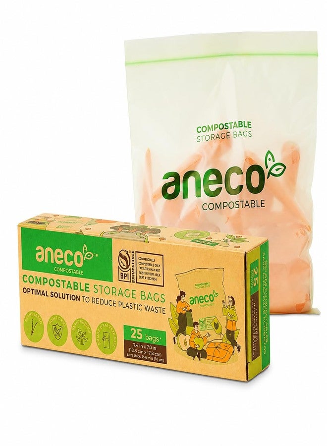 ANECO 100% Compostable Food Storage Bags - Extra Thick Resealable Sandwich Bags for Meal Prep, Food Storage, Carrying - Food Safe Disposable Freezer Snack Bags, Quart Size (25 Bags) - Image 1