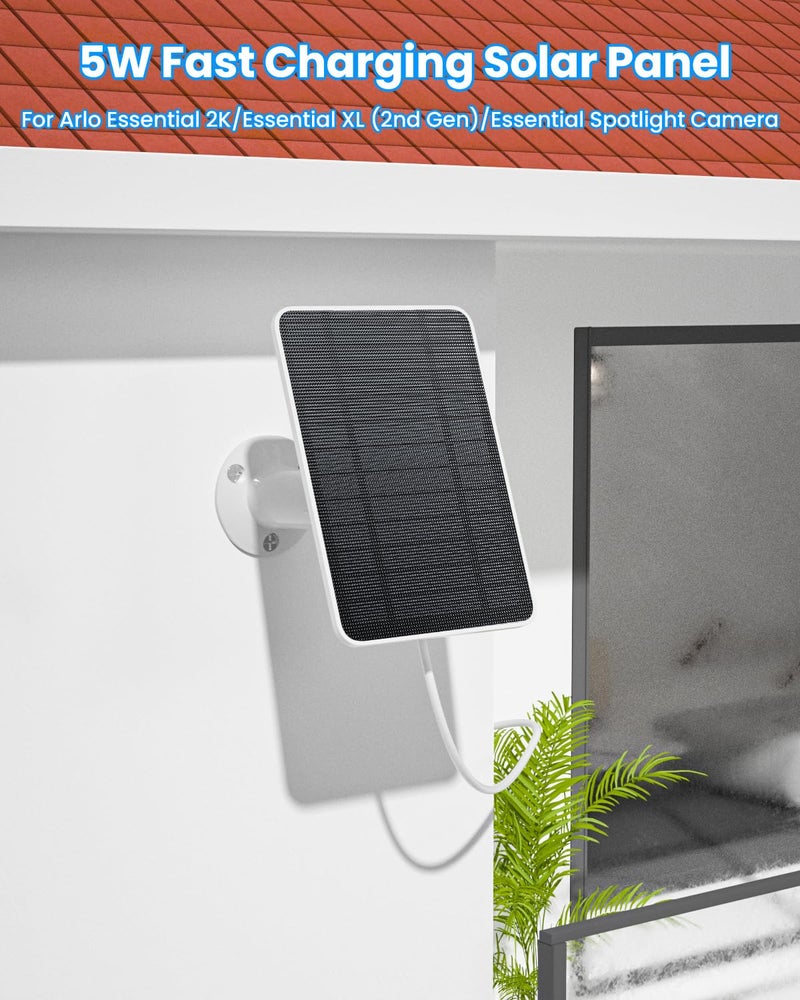 WININMETA Solar Panel Charger Compatible with Arlo Essential 2K Outdoor(2nd Gen)/Essential XL Camera(2nd Gen)/Essential Spotlight, 5W Solar Panel with IP65 Waterproof 10ft Micro USB-C Cable & Wall Mount, 1 Pack - Image 2