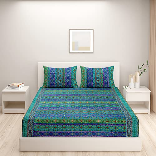 Swayam Pure Cotton King Fitted Bedsheet with 2 Pillow Covers | 200 TC Soft Breathable Bed Sheet | Ethnic Motifs Printed | Size 72 x 78 x 10 inch | Comfortable & Durable for Bedroom - Blue & Green - Image 3