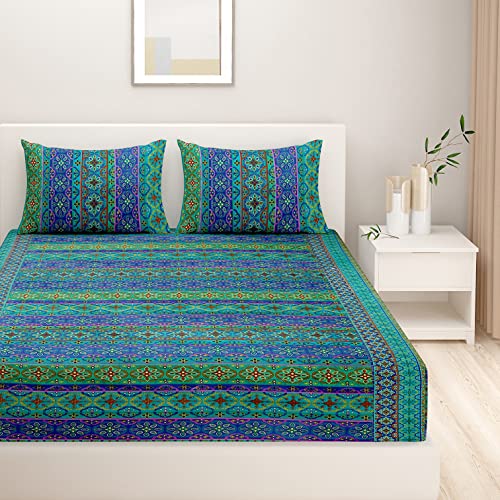 Swayam Pure Cotton King Fitted Bedsheet with 2 Pillow Covers | 200 TC Soft Breathable Bed Sheet | Ethnic Motifs Printed | Size 72 x 78 x 10 inch | Comfortable & Durable for Bedroom - Blue & Green - Image 4