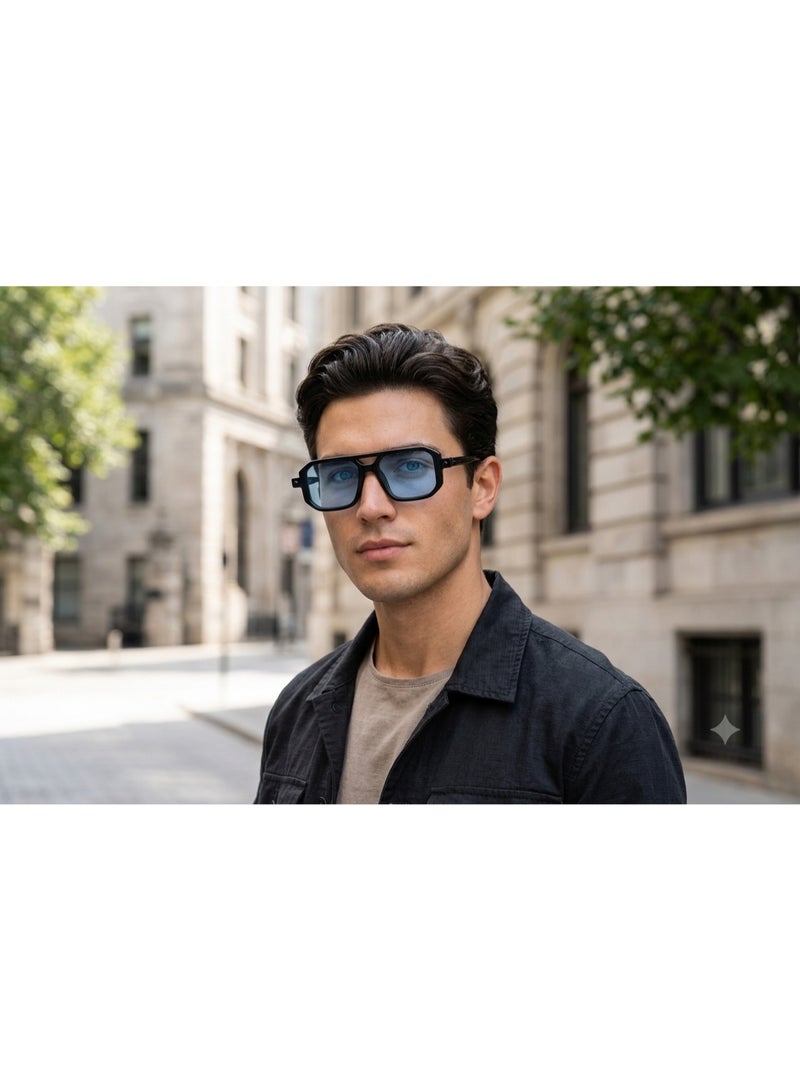 Tony Stark Style Sunglasses – Black Frame with Light Blue Lenses - Image 3
