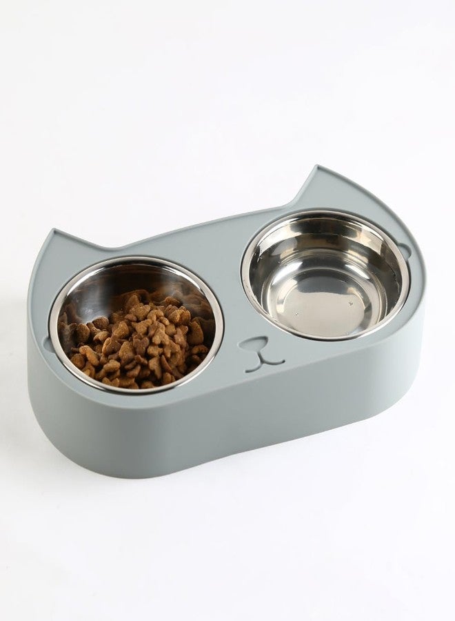 7 Ruby Road Cute Cat Bowls for Indoor Cats and Kitty, Double Cat Food Water Bowl Set with 2 Stainless Steel Pet Dishes and Grey Silicone Feeding Station, 350ml Kitten Bowls for Wet & Dry Food - Image 1