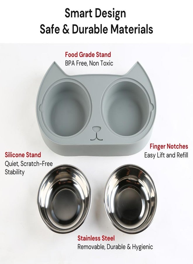 7 Ruby Road Cute Cat Bowls for Indoor Cats and Kitty, Double Cat Food Water Bowl Set with 2 Stainless Steel Pet Dishes and Grey Silicone Feeding Station, 350ml Kitten Bowls for Wet & Dry Food - Image 4