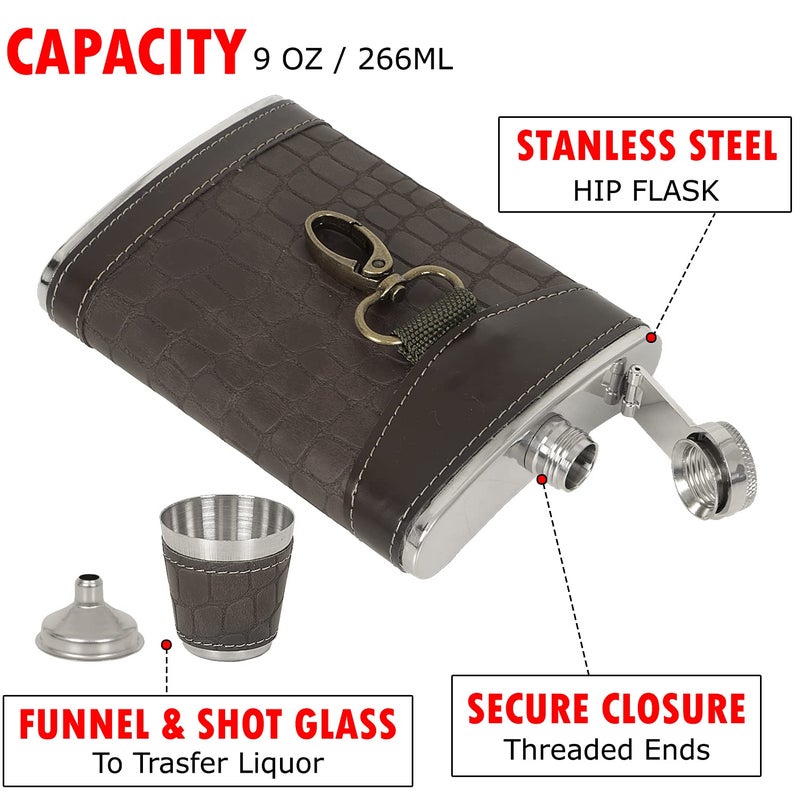 Jonquin زجاجة فلاسكة من الفولاذ المقاوم للصدأ مع قمع و 4 أكواب شوت للرجال والنساء، 9 أونصات (266 مل) للنبيذ والويسكي والفودكا والمشروبات الكحولية، حاملة مشروبات جيب (AR3784) - Image 5