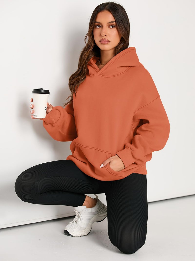 EFAN Women's Oversized Fleece Hoodie, Cozy Plush Pullover Sweatshirt with Pocket Orange S - Image 5