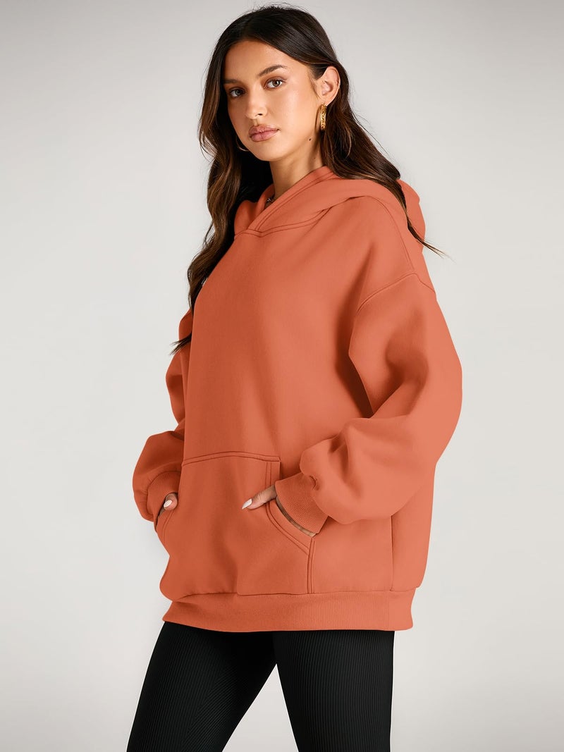 EFAN Women's Oversized Fleece Hoodie, Cozy Plush Pullover Sweatshirt with Pocket Orange S - Image 3