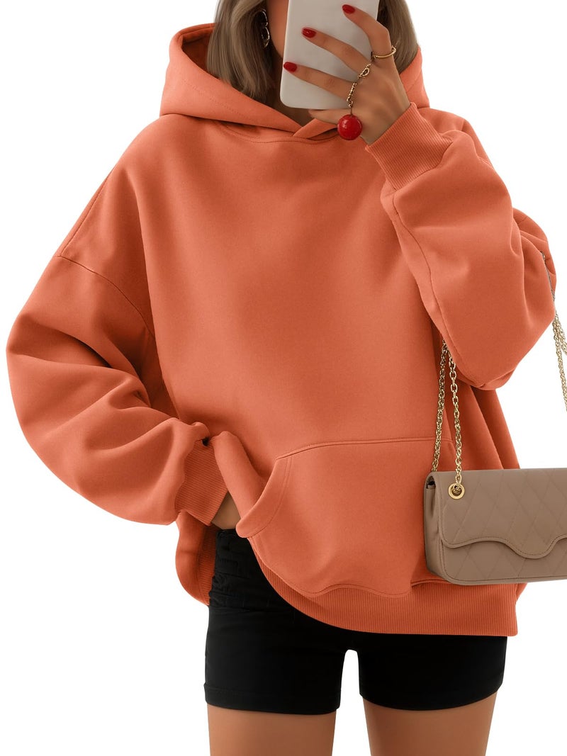 EFAN Women's Oversized Fleece Hoodie, Cozy Plush Pullover Sweatshirt with Pocket Orange S - Image 1