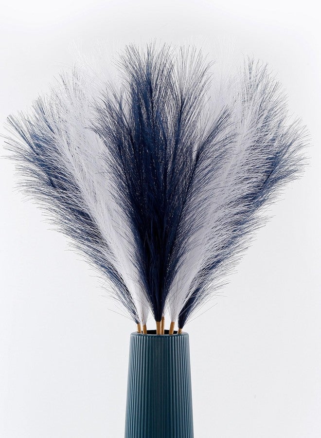 Acfruits Faux Pampas Grass Large Fluffy 27.6Inch Tall, 6Pcs Artificial Fake Flower Boho Decor Bulrush Reed Grass for Vase Filler Farmhouse Home Wedding Decor (6, Navy Blue and White) - Image 1