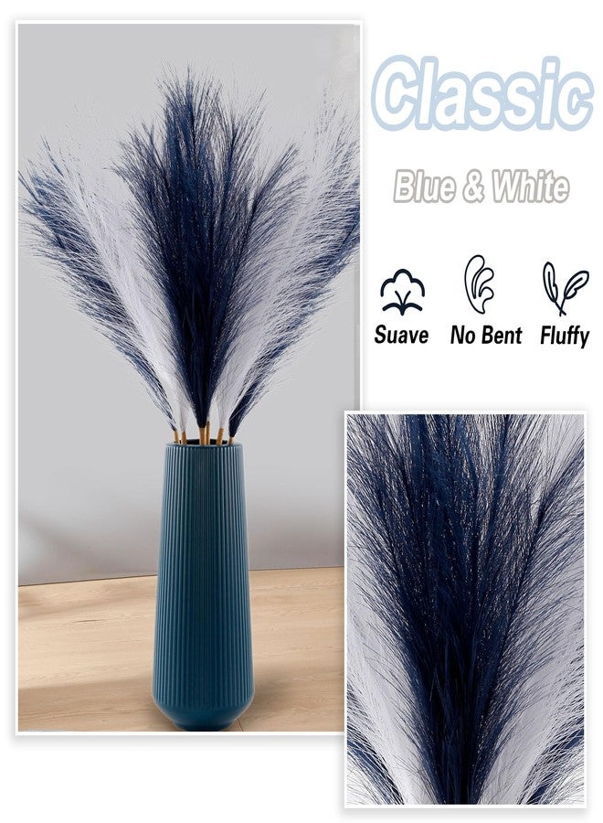 Acfruits Faux Pampas Grass Large Fluffy 27.6Inch Tall, 6Pcs Artificial Fake Flower Boho Decor Bulrush Reed Grass for Vase Filler Farmhouse Home Wedding Decor (6, Navy Blue and White) - Image 3