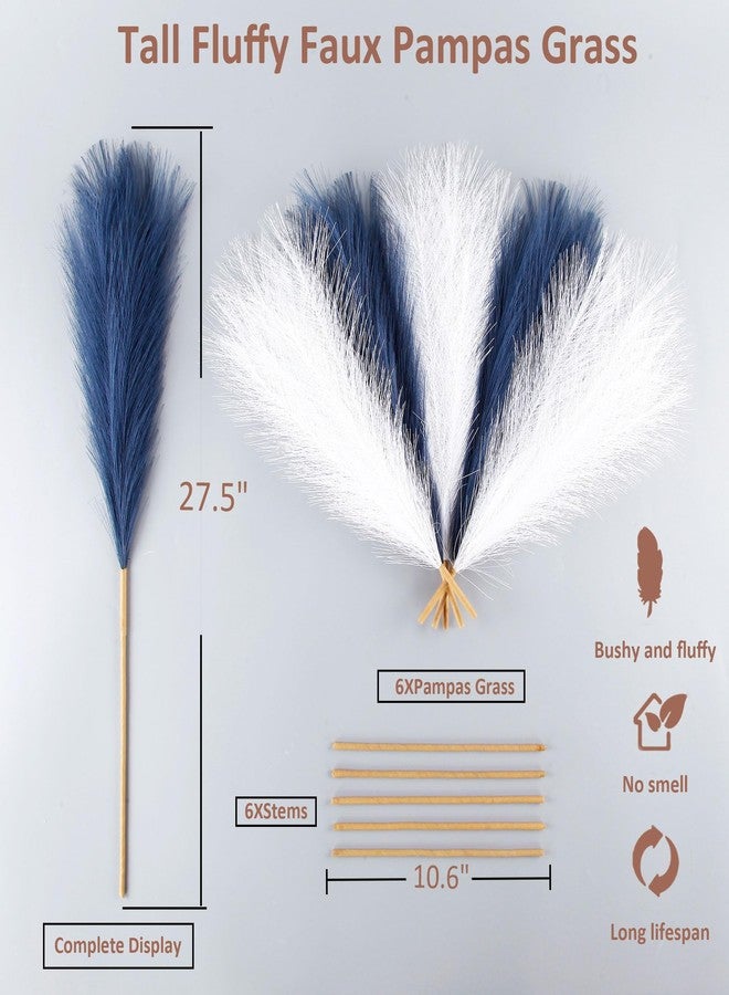 Acfruits Faux Pampas Grass Large Fluffy 27.6Inch Tall, 6Pcs Artificial Fake Flower Boho Decor Bulrush Reed Grass for Vase Filler Farmhouse Home Wedding Decor (6, Navy Blue and White) - Image 2