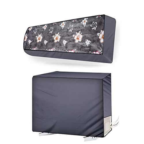Da Anushi Polyester Split Ac Cover Set Of Indoor And Outdoor Unit For 1.5 Ton Capacity Ac, Attractive Digital Prints/Dustproof/Water Resistant (Grey Flower) - Image 1