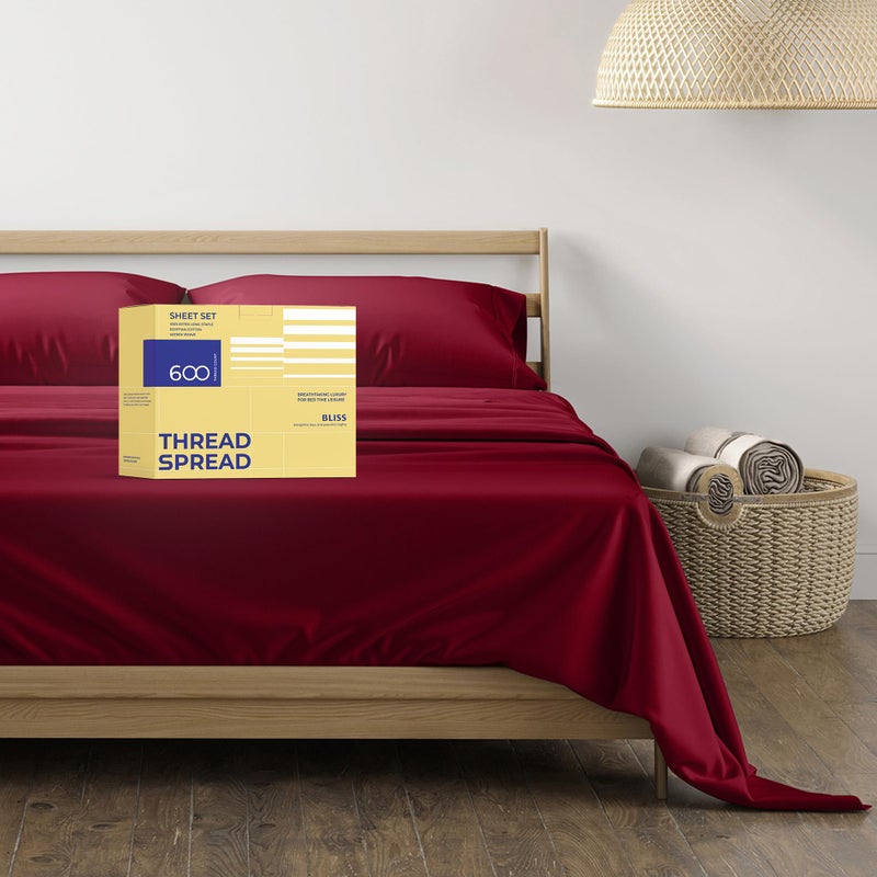 THREAD SPREAD 600 Thread Count Sheets Queen - 100% Egyptian Cotton Sheets Set Queen Size  4 PC Luxury Sheets Queen Size  Soft  Cooling  Extra Long Staple 16 "" Deep Pocket Queen Bed Sheet Set - Burgundy - Image 1