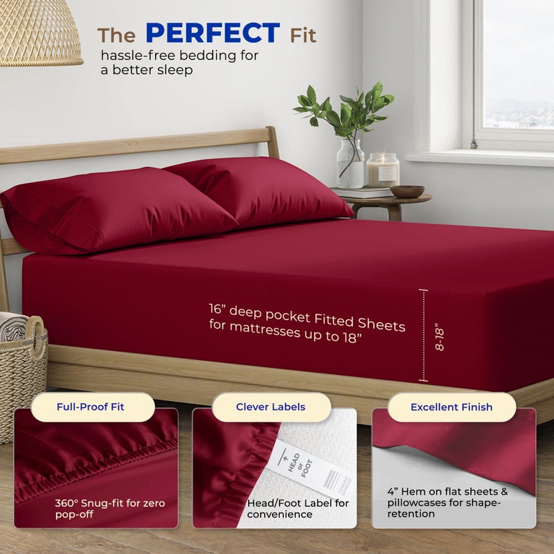 THREAD SPREAD 600 Thread Count Sheets Queen - 100% Egyptian Cotton Sheets Set Queen Size  4 PC Luxury Sheets Queen Size  Soft  Cooling  Extra Long Staple 16 "" Deep Pocket Queen Bed Sheet Set - Burgundy - Image 4