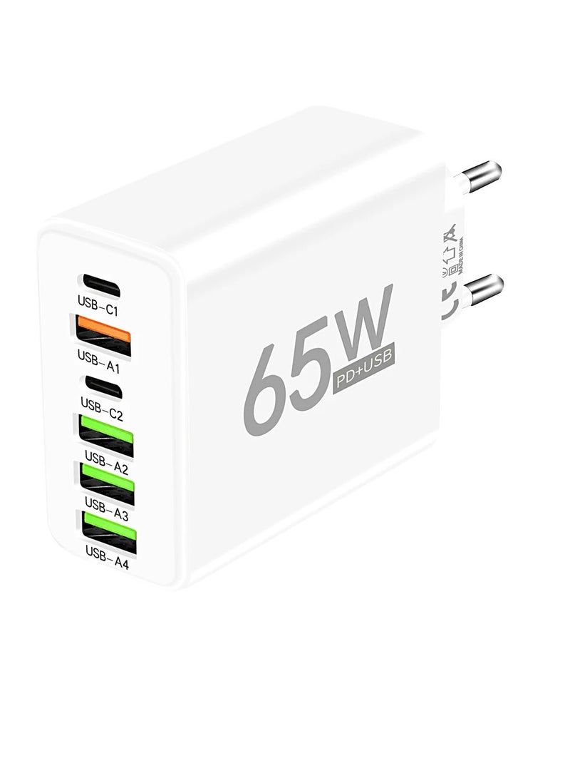 AROAQ USB Type C Charger, Multiple 6 Ports Fast Charging Quick Charger, Compact And Portable Mobile Phone Wall Adapter, Durable High Performance Cell Phone Charger For Home, Office, Travel, (65W, White) - Image 1