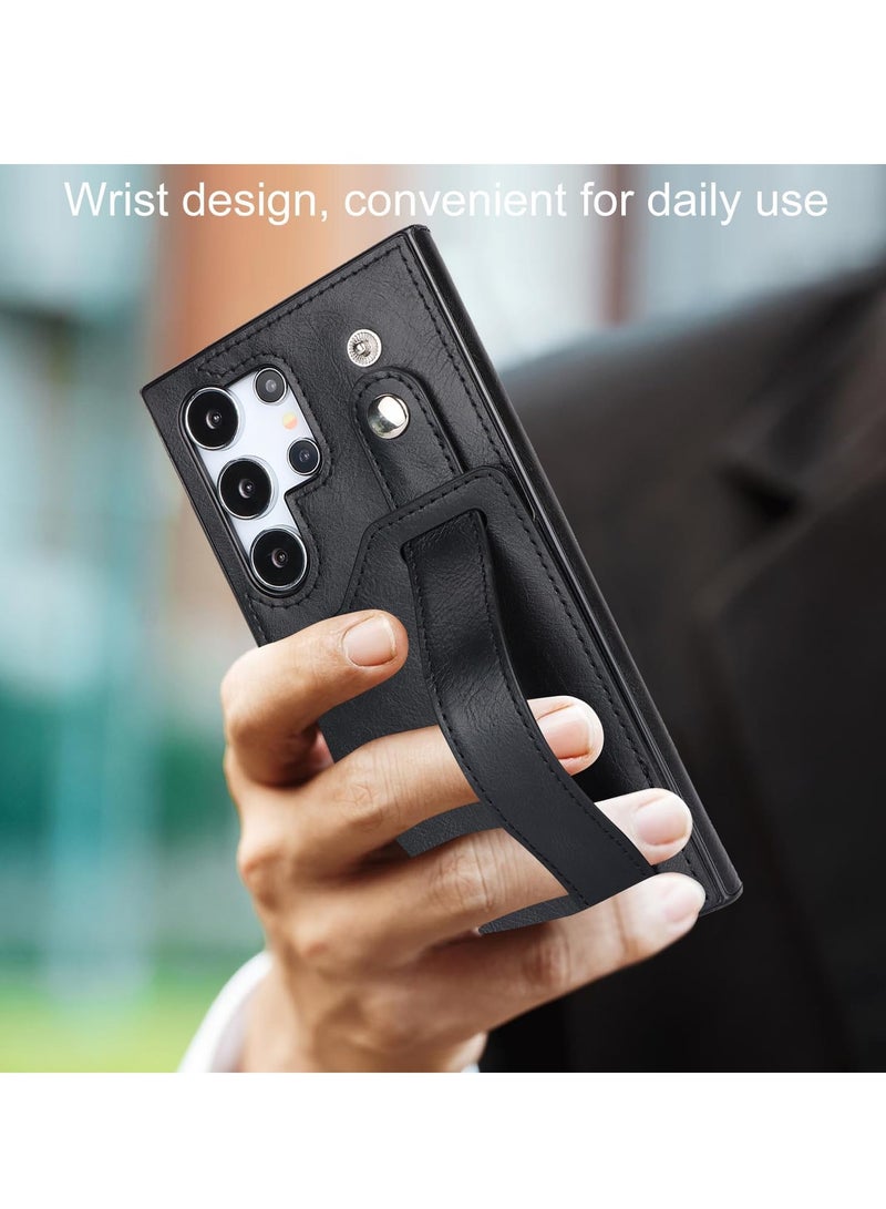 Mmmon Compatible With For Samsung Galaxy S23 Ultra Wallet Case with Kickstand,Wrist Strap Hand Holder Cover with Card Slots Holder Shokcproof Case for Samsung Galaxy S23 Ultra(Black) - Image 5