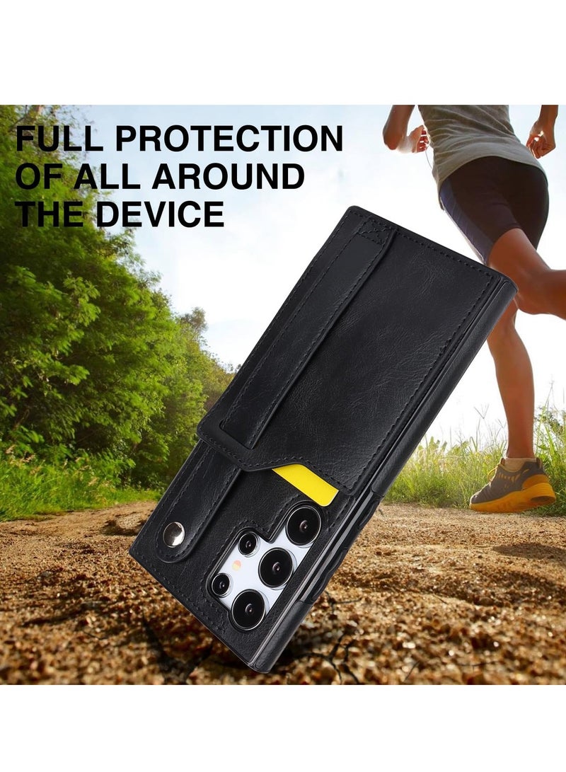 Mmmon Compatible With For Samsung Galaxy S23 Ultra Wallet Case with Kickstand,Wrist Strap Hand Holder Cover with Card Slots Holder Shokcproof Case for Samsung Galaxy S23 Ultra(Black) - Image 2