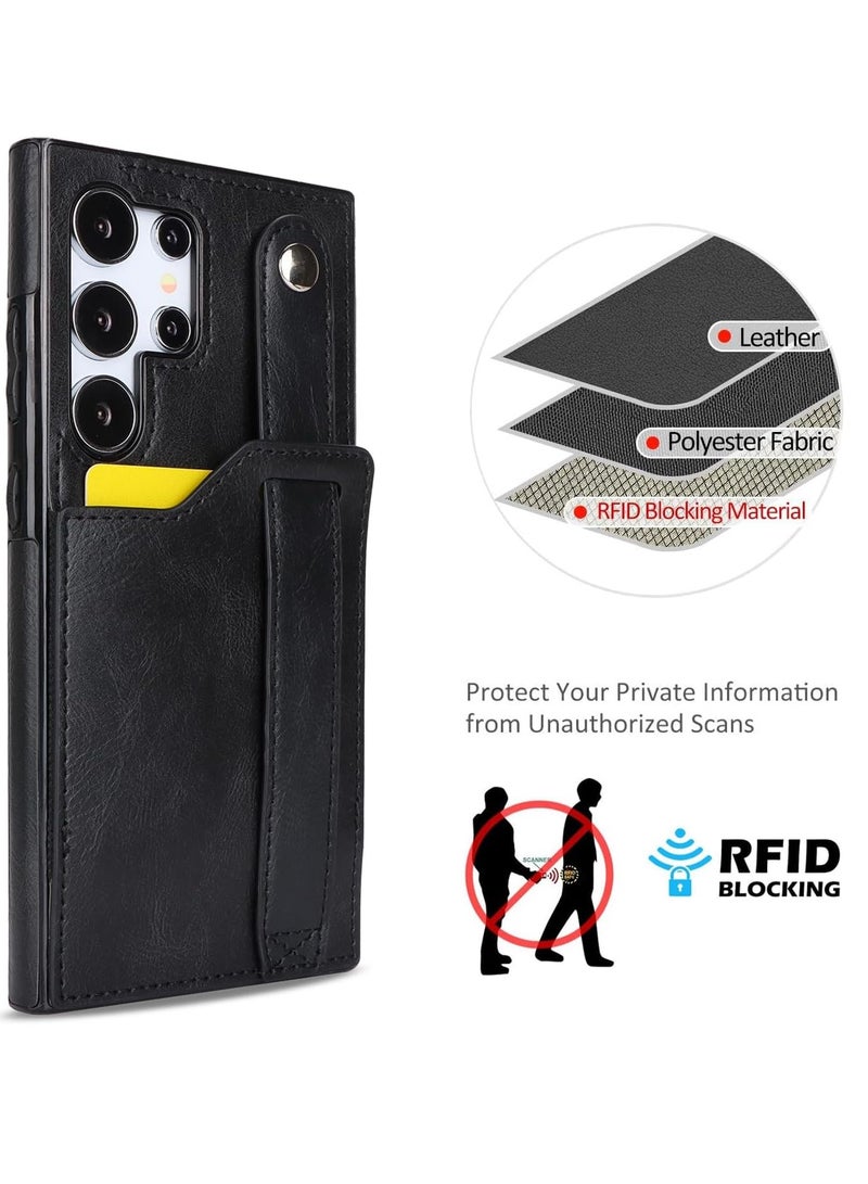 Mmmon Compatible With For Samsung Galaxy S23 Ultra Wallet Case with Kickstand,Wrist Strap Hand Holder Cover with Card Slots Holder Shokcproof Case for Samsung Galaxy S23 Ultra(Black) - Image 3