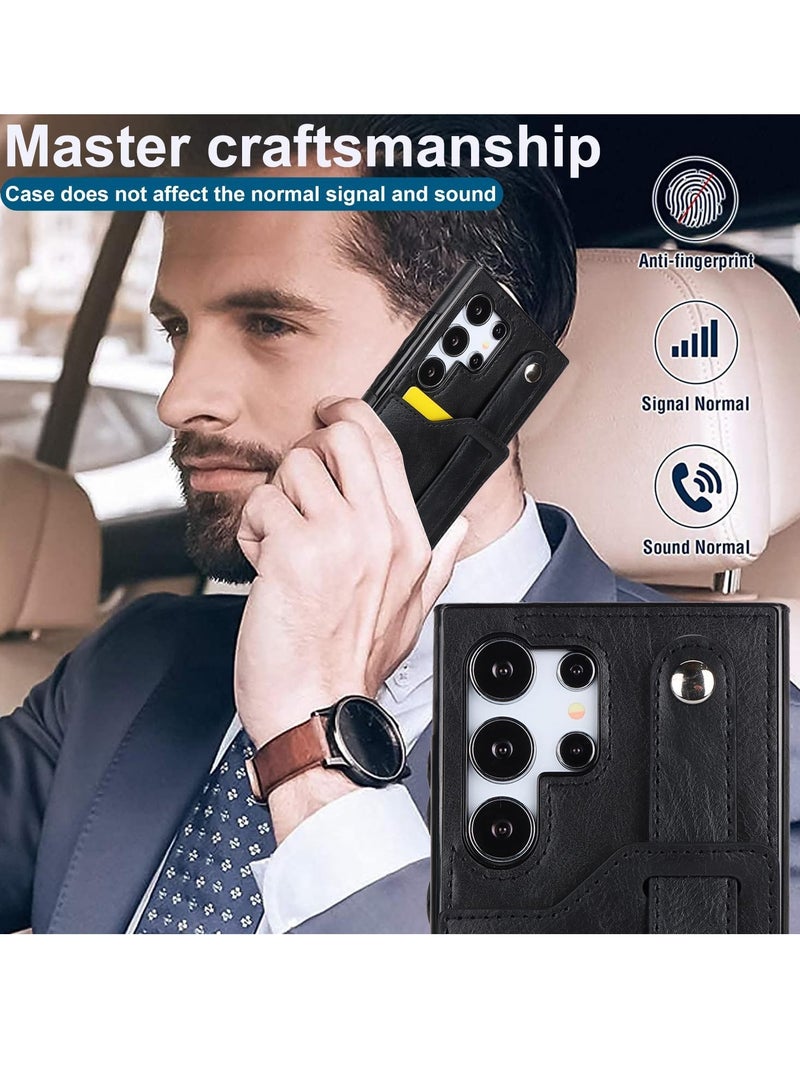 Mmmon Compatible With For Samsung Galaxy S23 Ultra Wallet Case with Kickstand,Wrist Strap Hand Holder Cover with Card Slots Holder Shokcproof Case for Samsung Galaxy S23 Ultra(Black) - Image 4