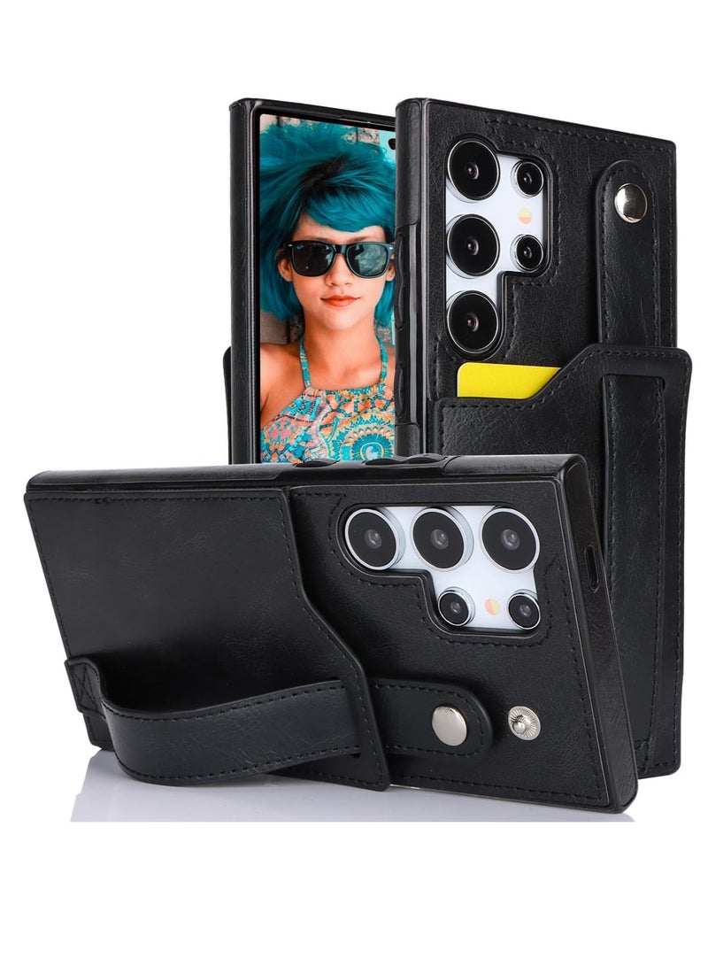 Mmmon Compatible With For Samsung Galaxy S23 Ultra Wallet Case with Kickstand,Wrist Strap Hand Holder Cover with Card Slots Holder Shokcproof Case for Samsung Galaxy S23 Ultra(Black) - Image 1