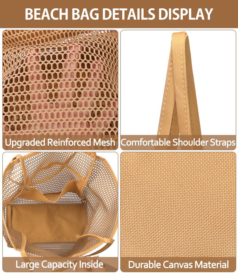 Hatisan Beach Bag Mesh Tote Bag Upgrade Beach Tote With Phone Pouch Women Mesh Bag Shoulder Bag For Beach Travel Vacation (Kakhi) - Image 5