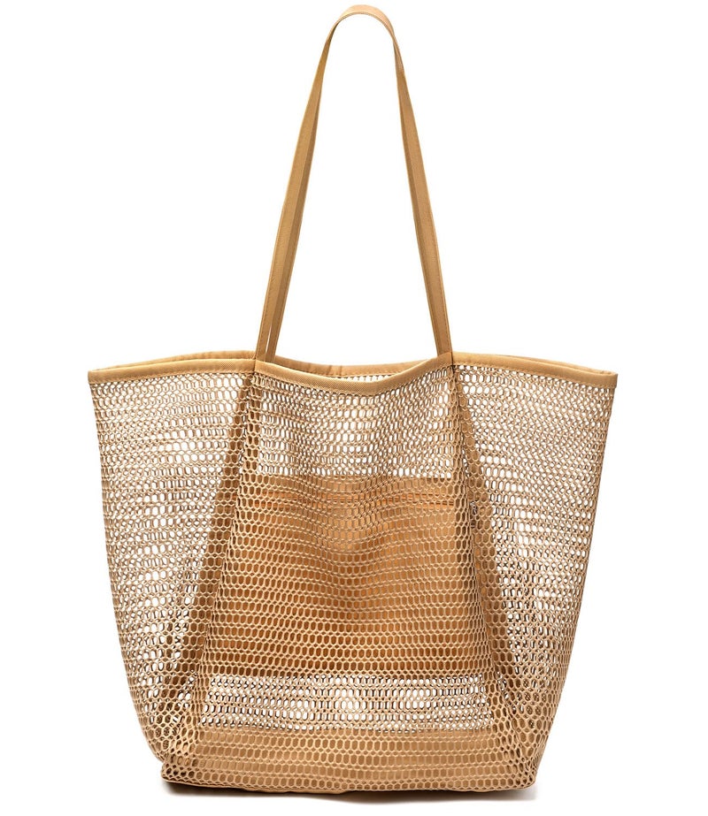 Hatisan Beach Bag Mesh Tote Bag Upgrade Beach Tote With Phone Pouch Women Mesh Bag Shoulder Bag For Beach Travel Vacation (Kakhi) - Image 1