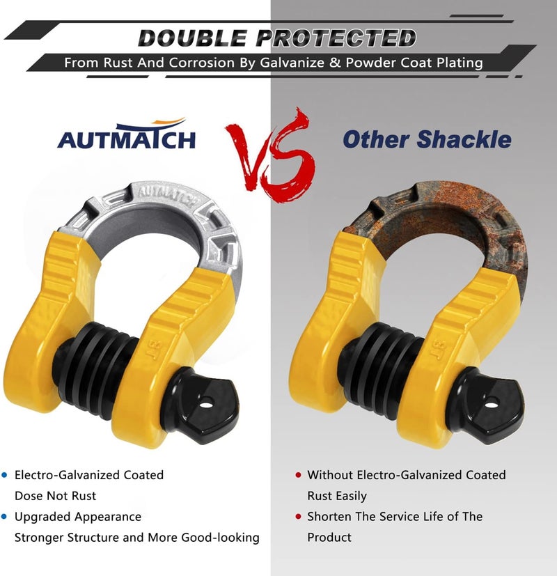 AUTMATCH D Ring Shackles 3/4" Mega Shackle (2 Pack) 68,000Ibs Break Strength - Heavy Duty Clevis Shackles with 7/8" Screw Pin and Isolator Washer for Tow Strap Winch Off Road Vehicle Recovery, Yellow - Image 5