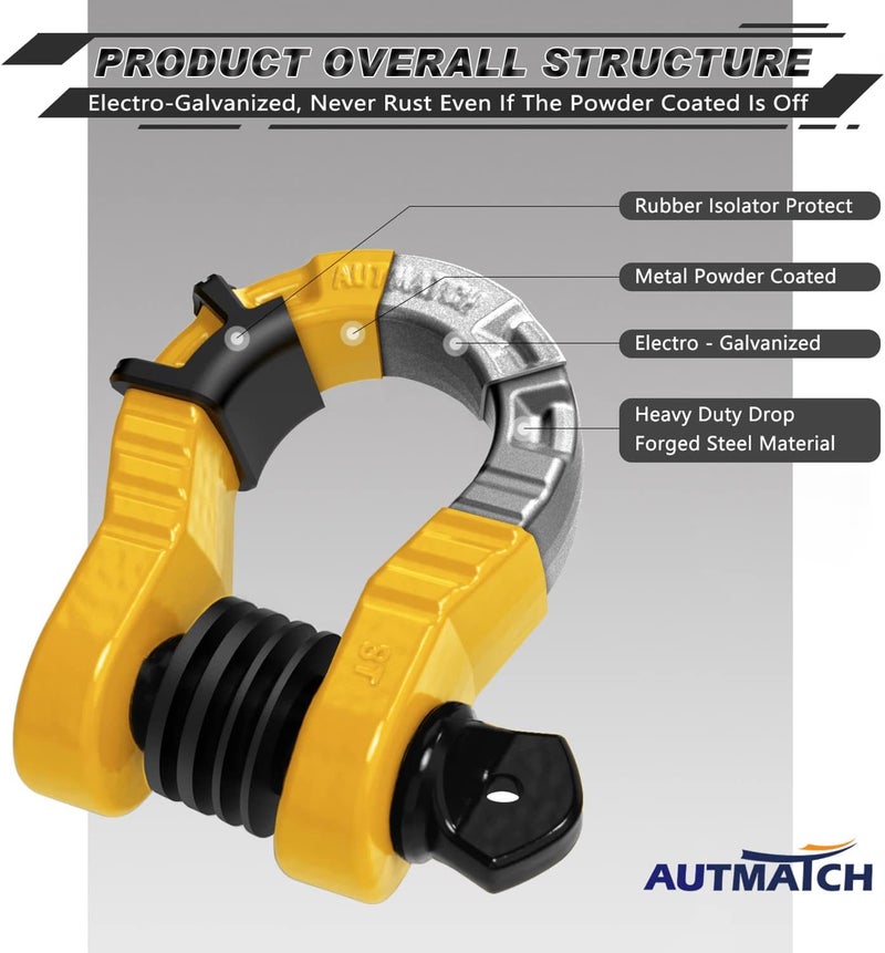 AUTMATCH D Ring Shackles 3/4" Mega Shackle (2 Pack) 68,000Ibs Break Strength - Heavy Duty Clevis Shackles with 7/8" Screw Pin and Isolator Washer for Tow Strap Winch Off Road Vehicle Recovery, Yellow - Image 4