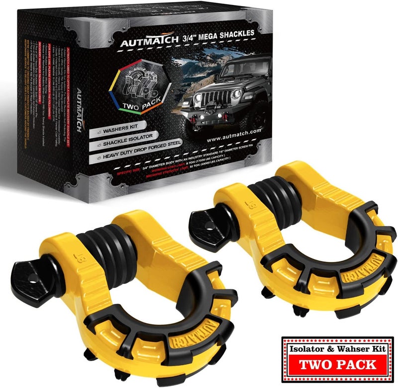 AUTMATCH D Ring Shackles 3/4" Mega Shackle (2 Pack) 68,000Ibs Break Strength - Heavy Duty Clevis Shackles with 7/8" Screw Pin and Isolator Washer for Tow Strap Winch Off Road Vehicle Recovery, Yellow - Image 1