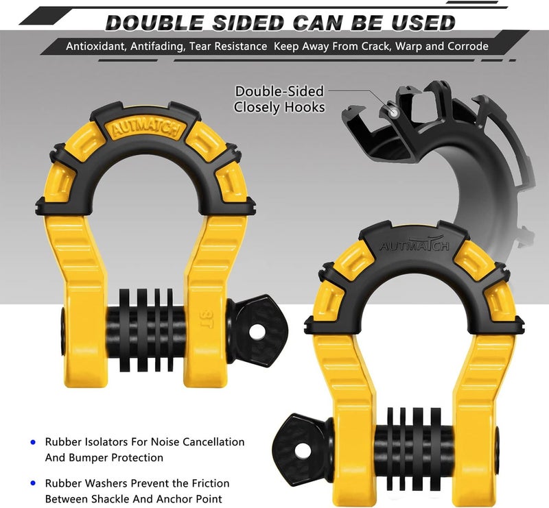 AUTMATCH D Ring Shackles 3/4" Mega Shackle (2 Pack) 68,000Ibs Break Strength - Heavy Duty Clevis Shackles with 7/8" Screw Pin and Isolator Washer for Tow Strap Winch Off Road Vehicle Recovery, Yellow - Image 2