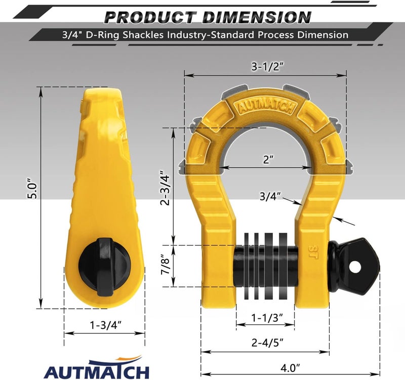 AUTMATCH D Ring Shackles 3/4" Mega Shackle (2 Pack) 68,000Ibs Break Strength - Heavy Duty Clevis Shackles with 7/8" Screw Pin and Isolator Washer for Tow Strap Winch Off Road Vehicle Recovery, Yellow - Image 3