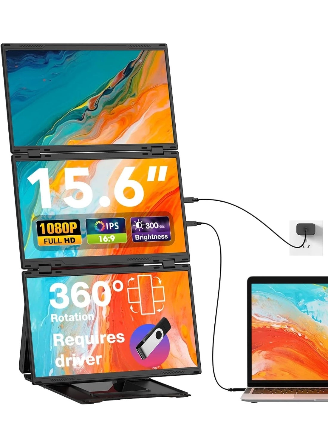 Quad Laptop Screen Extender, 15.6" FHD 1080P Triple Portable Monitors, One-Button Combine to 30" Wide Display, One Cable Connection with Driver, Compatible with Windows & Mac