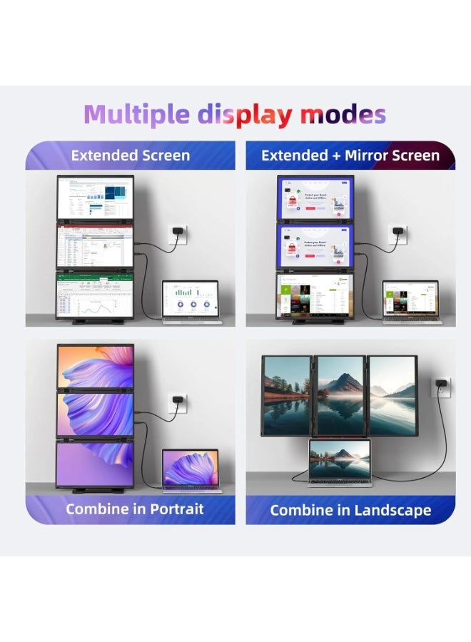 V2COM Quad Laptop Screen Extender, 15.6" FHD 1080P Triple Portable Monitors, One-Button Combine to 30" Wide Display, One Cable Connection with Driver, Compatible with Windows & Mac - Image 4