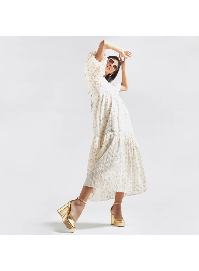 Splash FAV All-Over Print Maxi Tiered Dress with Lace Insert and Balloon Sleeves
