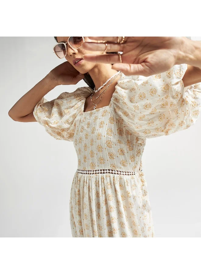 Splash FAV All-Over Print Maxi Tiered Dress with Lace Insert and Balloon Sleeves