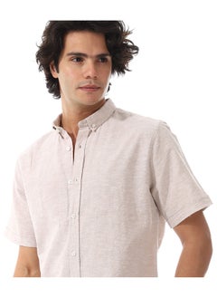 Andora Solid Linen Short Sleeve Oxford Shirt _ Beige  - Image 5