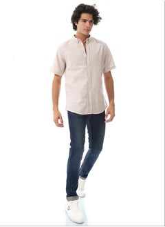 Andora Solid Linen Short Sleeve Oxford Shirt _ Beige  - Image 1