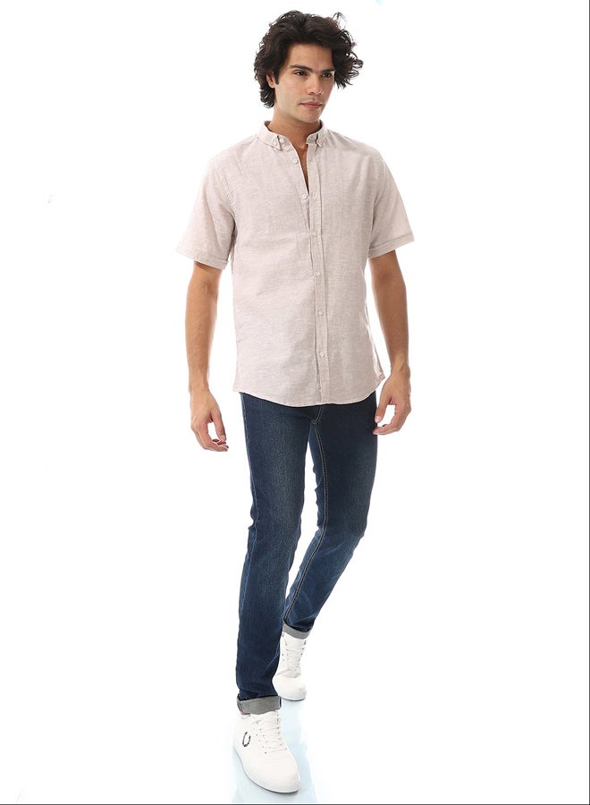 Andora Solid Linen Short Sleeve Oxford Shirt _ Beige - Image 1