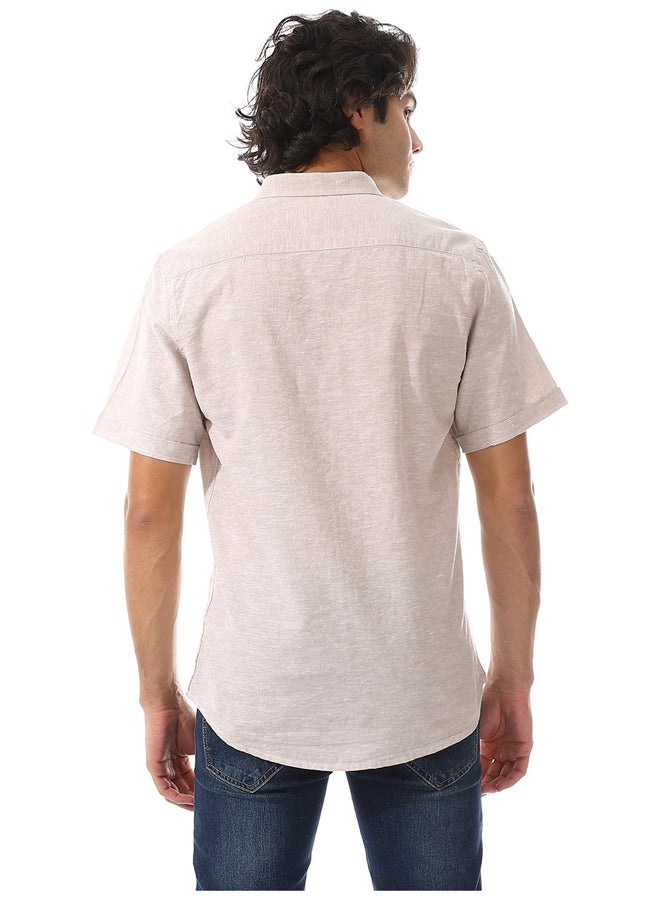 Andora Solid Linen Short Sleeve Oxford Shirt _ Beige - Image 4