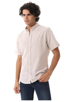 Andora Solid Linen Short Sleeve Oxford Shirt _ Beige  - Image 3