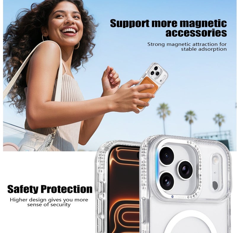 for iPhone 17 Pro Max Case Compatible with MagSafe,Magnetic Phone Case for iPhone 17 Pro Max Diamond Vertical Stand Anti-Scratch Shockproof Protective Cover silver - Image 2